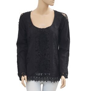 Odd Molly Anthropologie Floral Embroidered Blouse Top Crochet Black S-1 267222